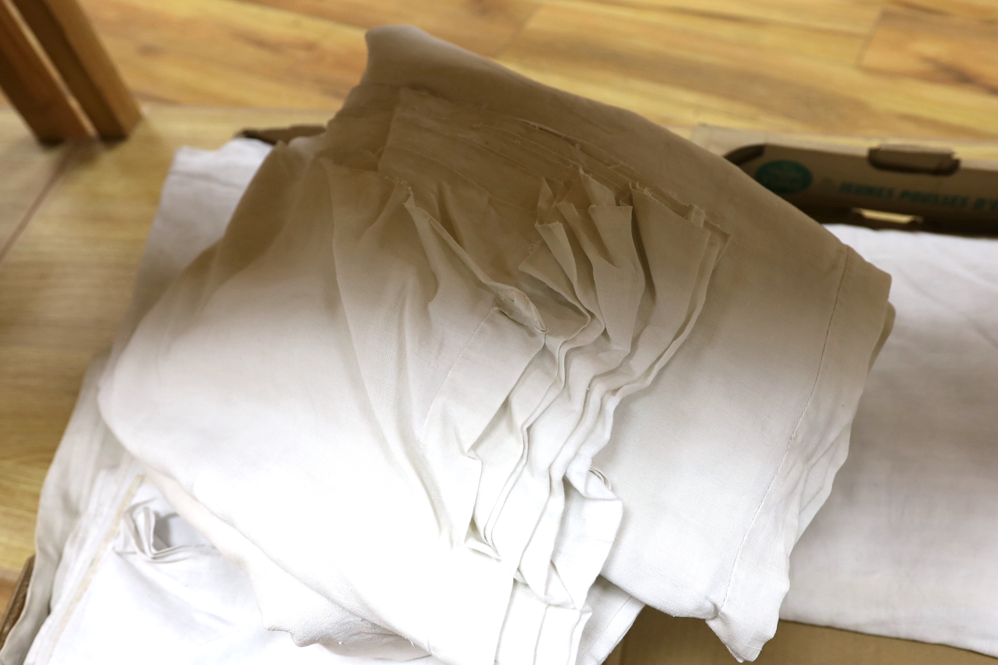 Nine plain thick French provincial linen sheets (in two boxes)